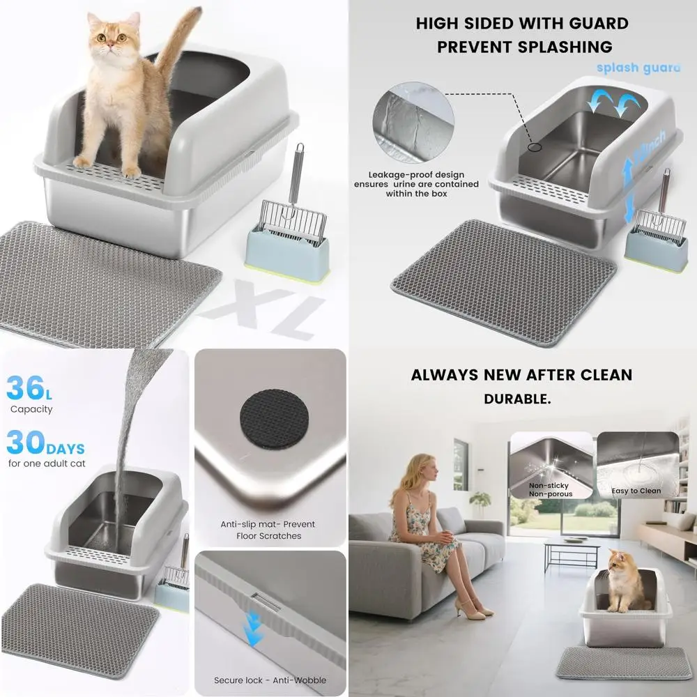 

Extra Large Stainless Steel Cat Litter Box with Lid and Scoop, High-Sided to Prevent Splashing, Easy to Clean and Odor-Free