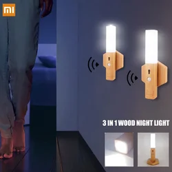 Xiaomi Wood Night Lamp Rechargeable Motion Sensor Wall Lamp Magnetic Night Lights Portable For Bedroom Kitchen Cabinet Lighting