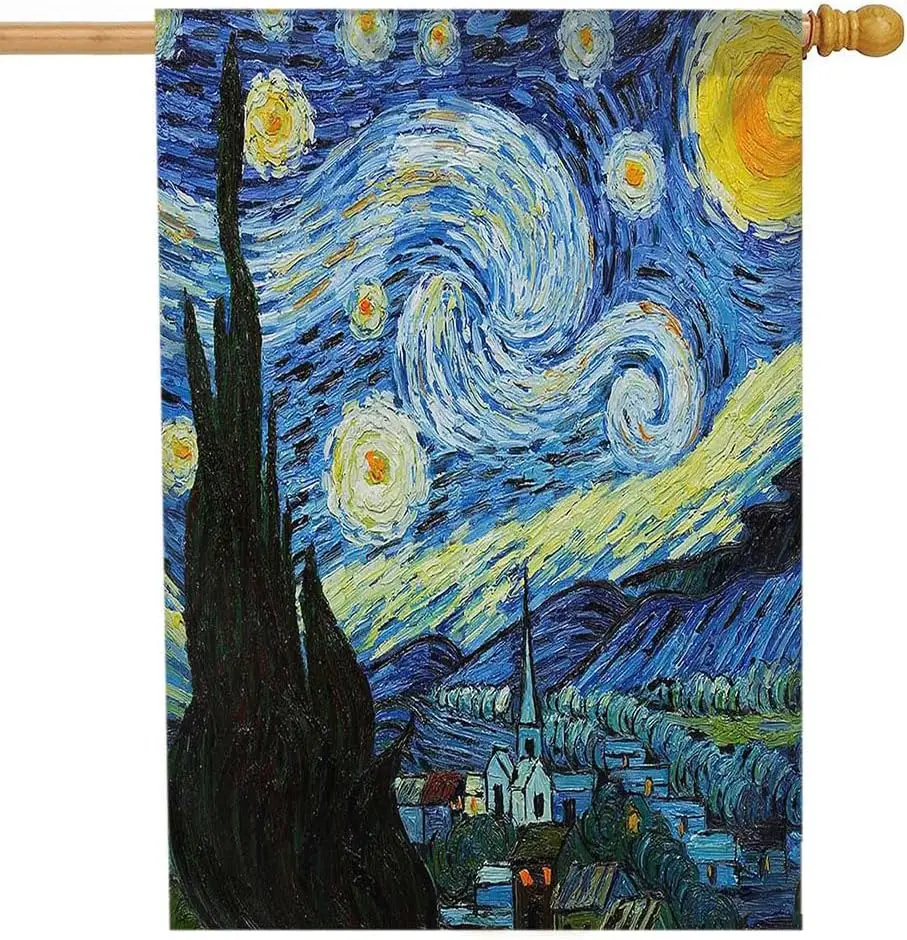 Van Gogh Starry Night Garden Flag 28x40 Inch Classic Arts Farmhouse Sky Moon House Lawn Flag Double Sided Banners for Home Outdo