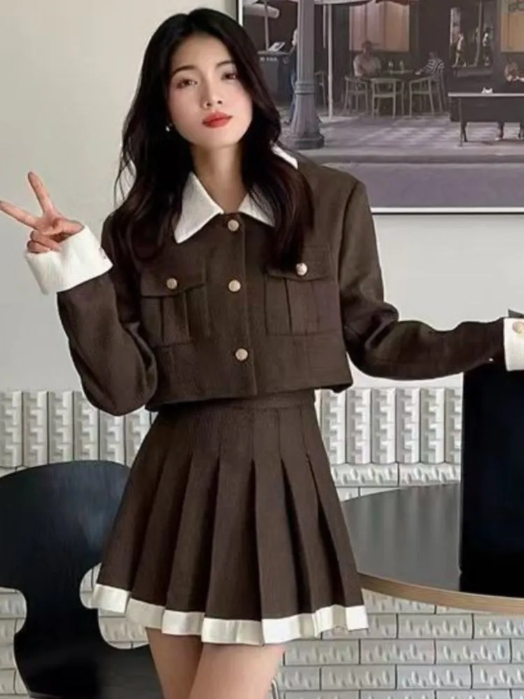 Korean Chic Two-piece Skirt Sets Patchwork Long Sleeves Cropped Top High Waist Pleated Mini Skirt Autumn Winter Y2K New Outfits