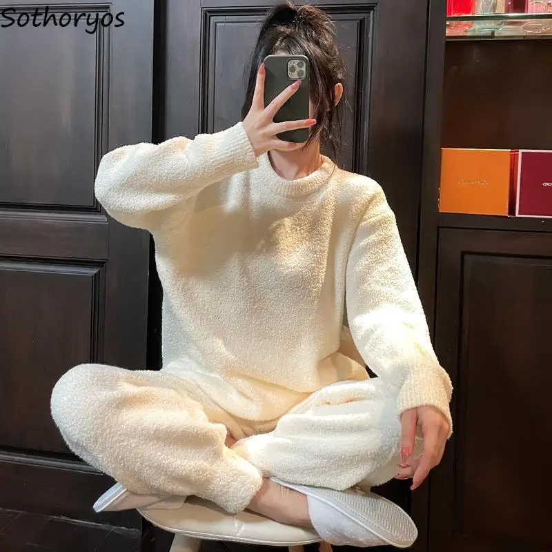 Pajama Sets Women Round Neck Coral Fleece Slouchy Cozy Lounge Wear Solid Bundle Feet Gentle Youth Kawaii Thick Sleepwear Pajamas