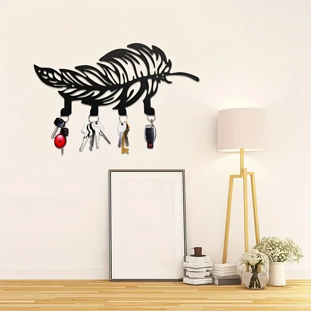 Boho-Chic Metal Feather Keychain - Easy Install Wall Hook for Keys,Coats & More - Perfect for Hallways & Modern Home Decor