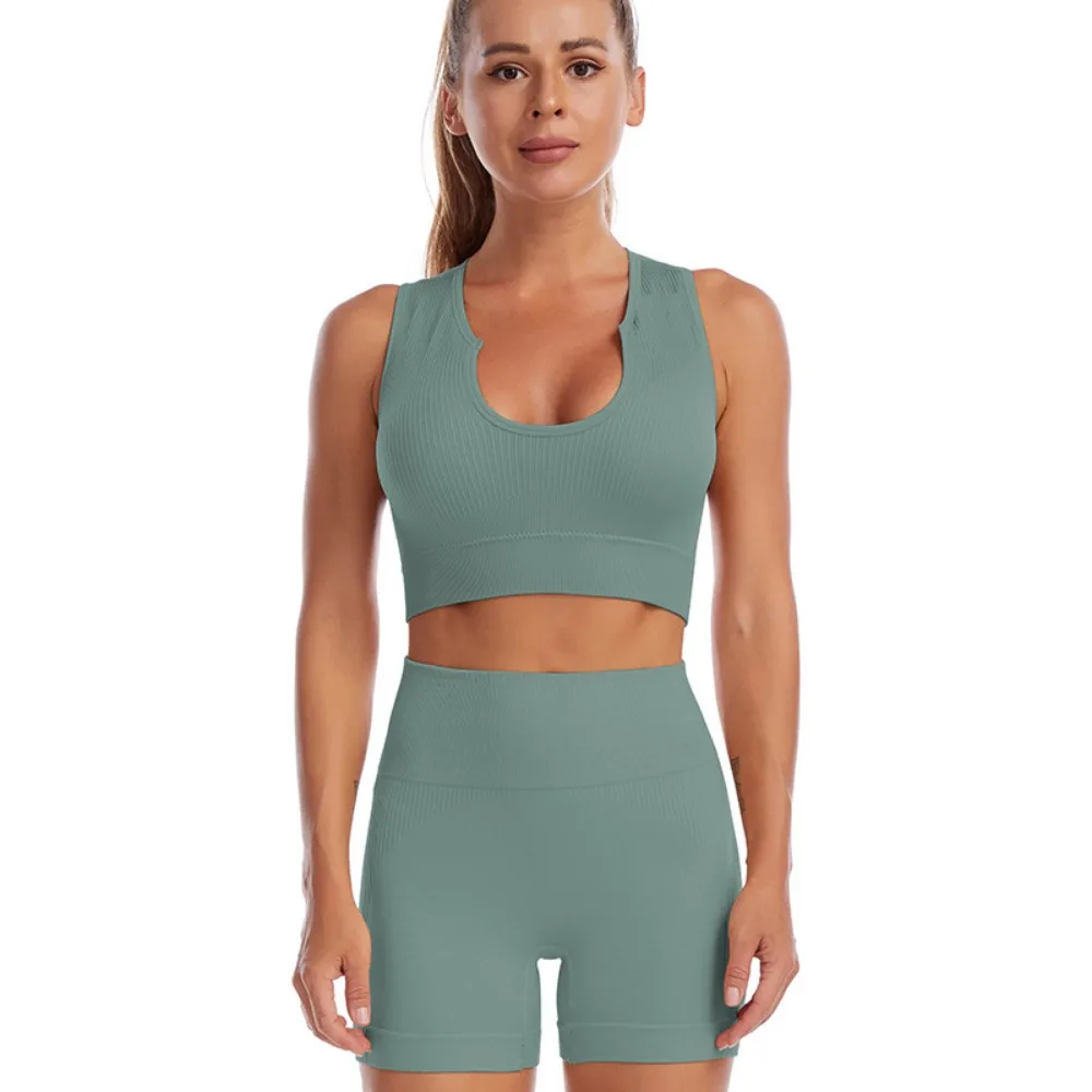 

Sleeveless Nylon Women Yoga Suit Without Pad Rib-Knit Suspenders Shorts Suit Soft Comfortable Workout Bra Shorts Set Gym