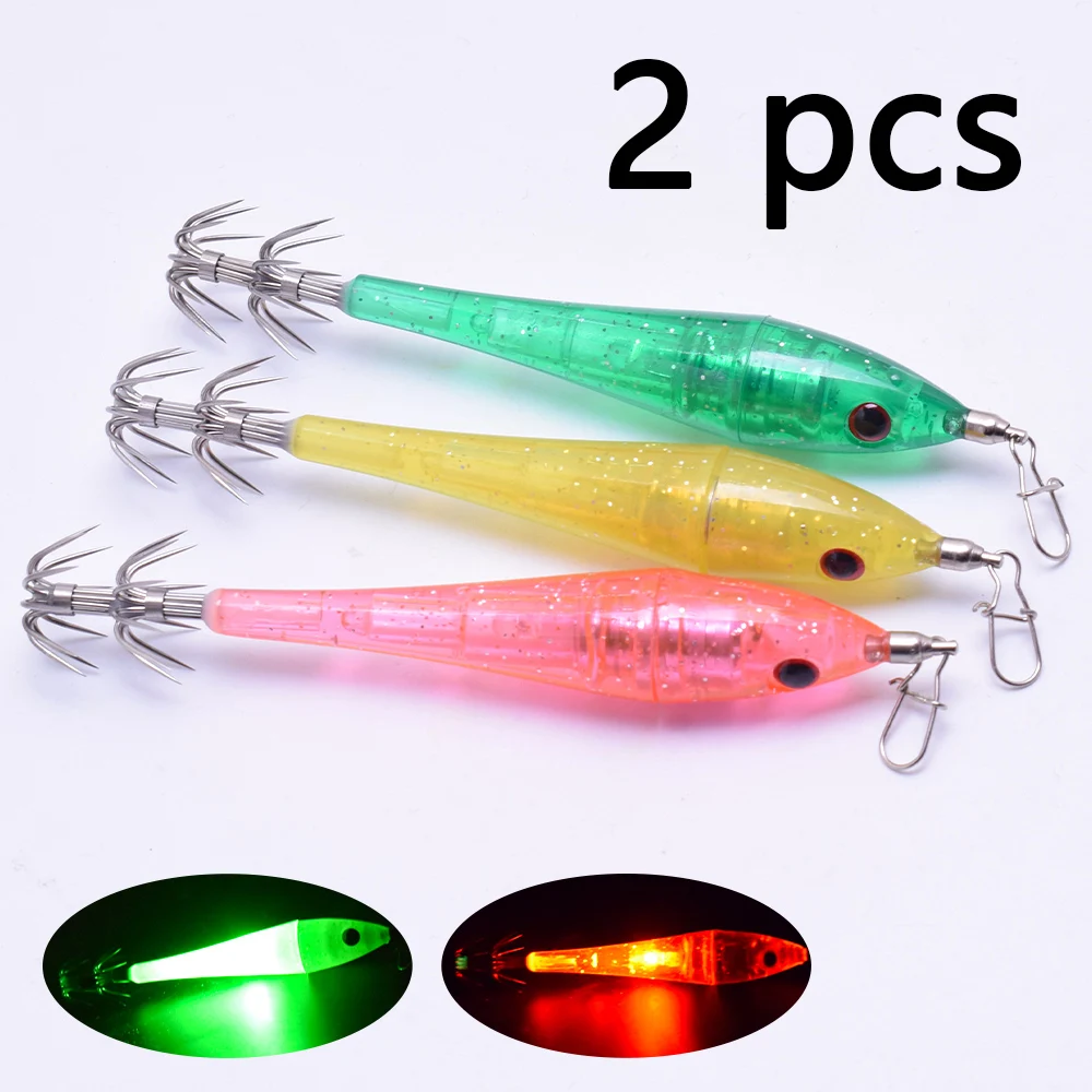 2 Pcs LED Underwater Lure Light, Simulated Bait with Hook, Electronic Wooden Shrimp, Powerful Double-Layer Squid Hook