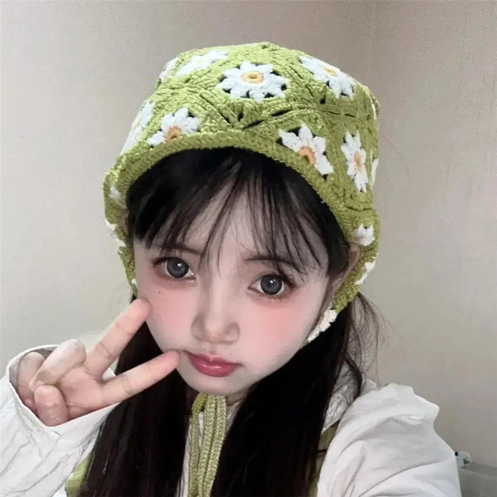 Korean Handmade Headscarf Hat Crochet Small Mushroom Strawberry Hollow Triangle Headband Towel Sweet Cute Strap Hair Bag