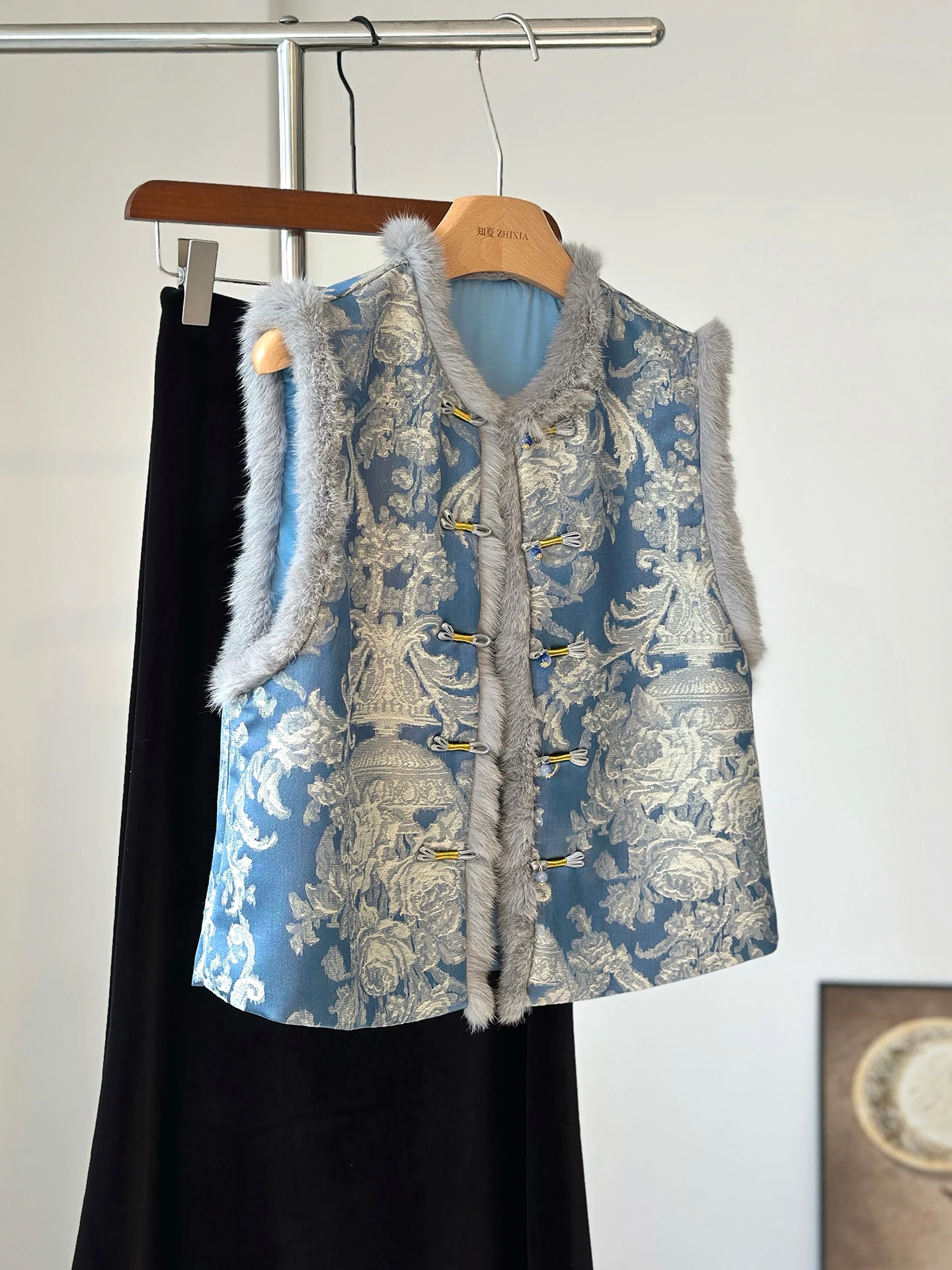 High-End Western Style Blue New Chinese Traditional Cardigan Vest Winter Keep Warm Outerwear Cony Hair Suit