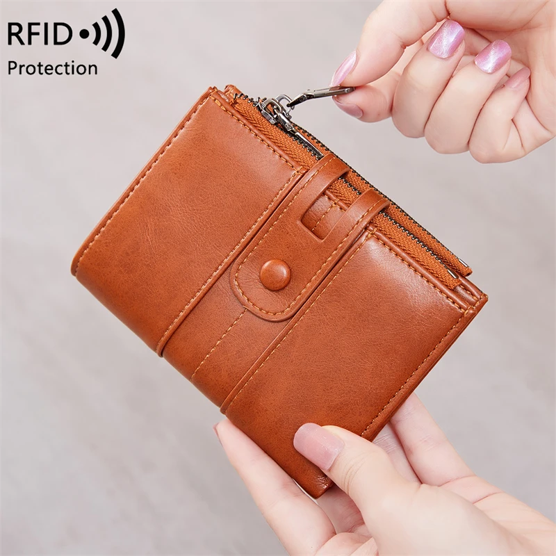 Fashion RFID Anti-Theft Women's Wallet Double Zipper Retro Leather Card Holder Money Bag Short Coin Pocket Ladies Folding Purse