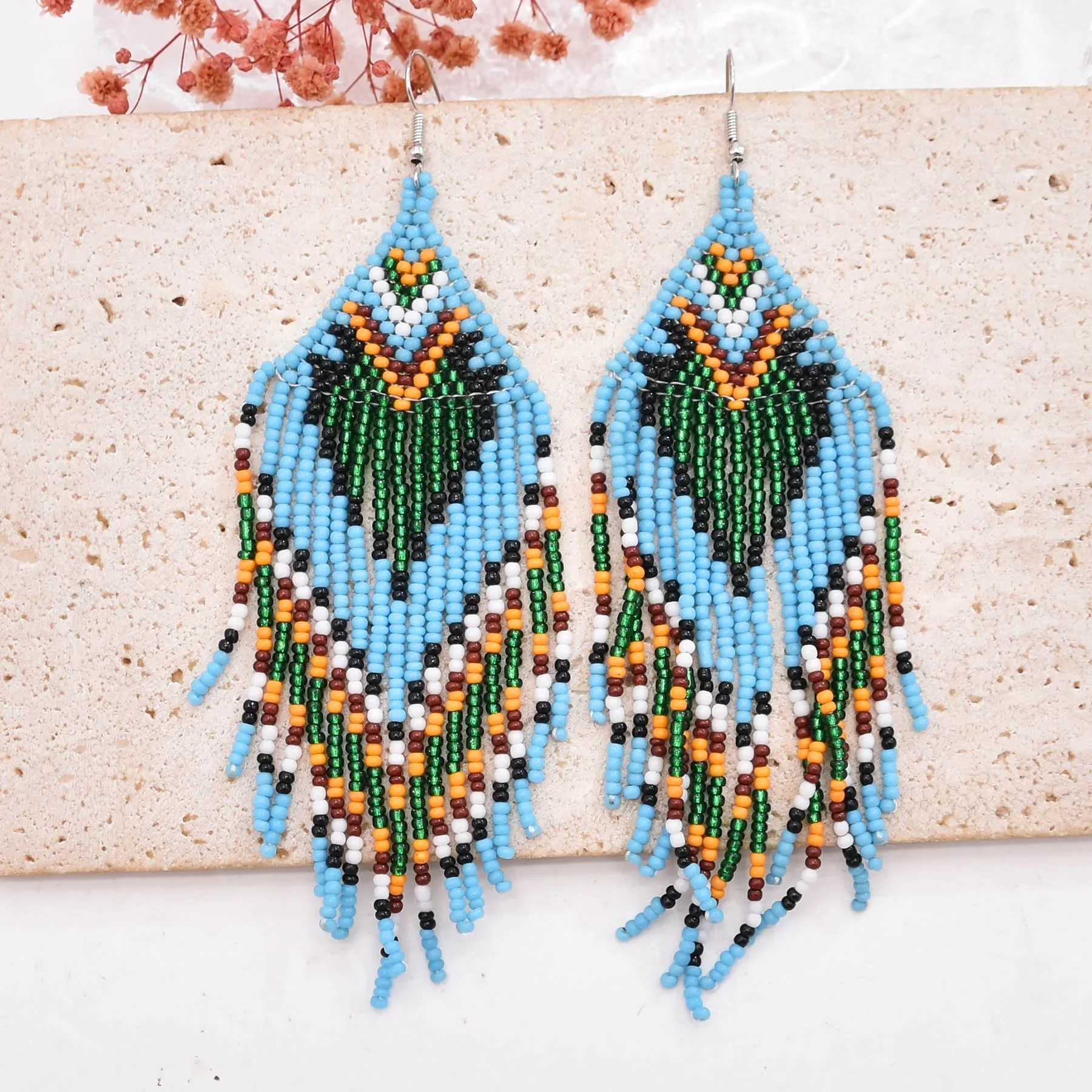 

ZGMXR Rice bead earrings Tassel Geometry Design Originality Hand knitting Bohemia Alloy Fashion Female Versatile Beaded earrings
