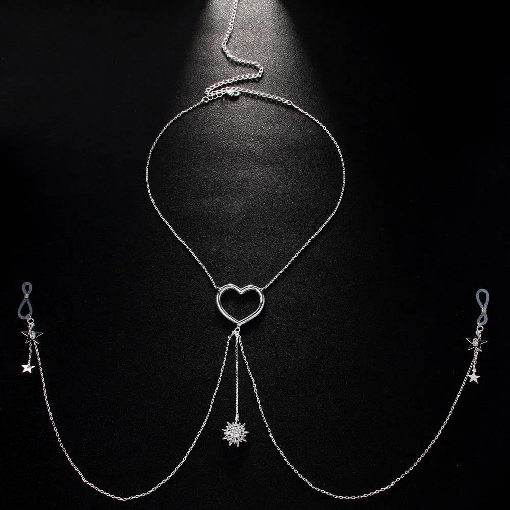 Sexy Hollow Metal Heart Nipple Chain Chest Jewelry for Women 2024 Star Tassel Nipple Bra Chain No Piercing Body Accessories