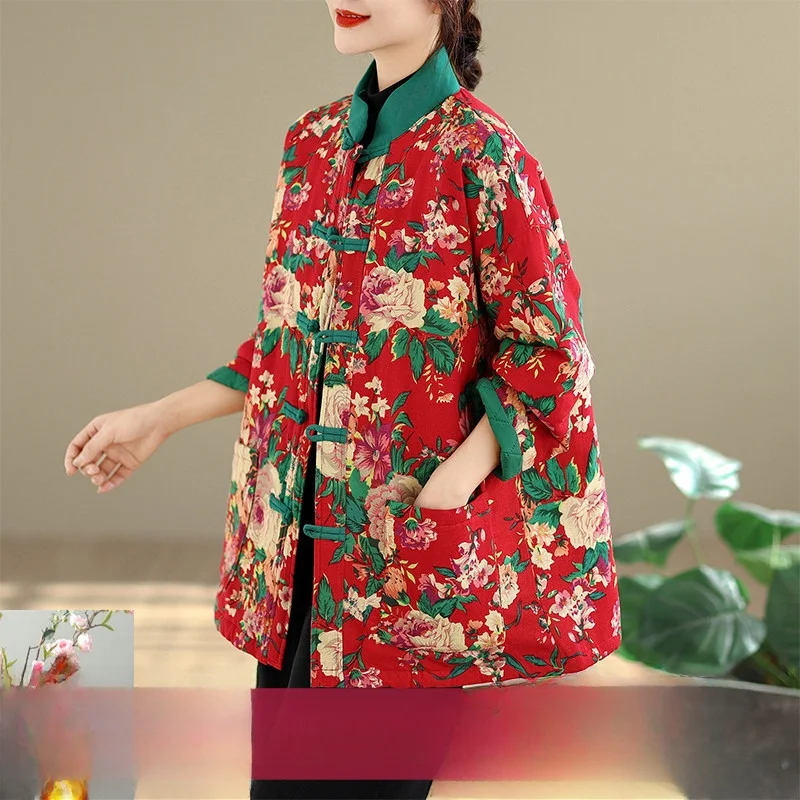 

Хлопковое джинто Thiened с застежкой на пуговицы, теплое этническое пальто свободного покроя в стиле ретро, китайское длинное пальто с воротником-стойкой