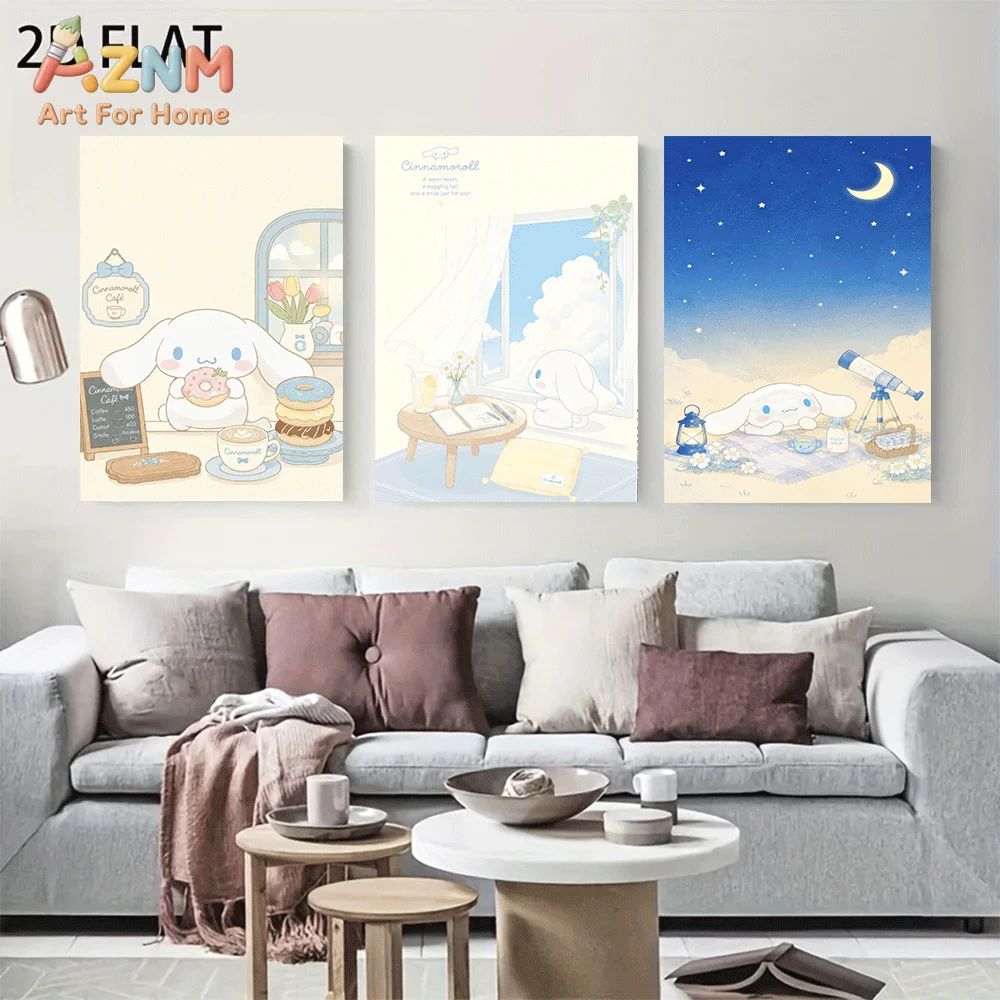 AZNM Cinnamoroll Canvas Wall Art Unframed Cute Cartoon Print Poster Cafe Donut Window Reading Night Sky Moon Telescope Kawaii De