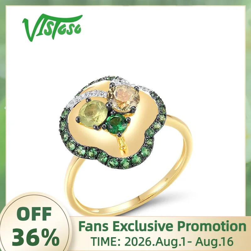 VISTOSO Pure 14K 585 Yellow Gold Ring For Women Sparkling Diamond Colorful Cluster Green Flower Party Gift Elegant Fine Jewelry