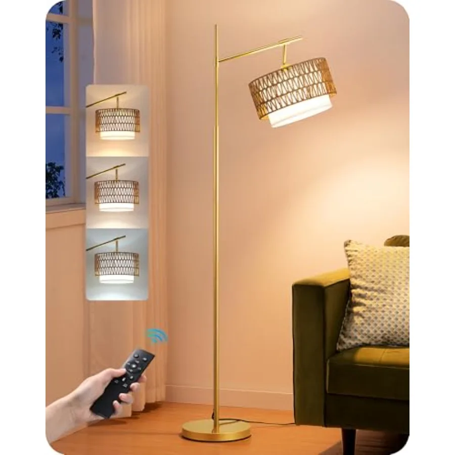 

Rattan Arc Floor Lamp with Remote, Gold Farmhouse Standing Lamps for Living Room, Rattan and Fabric Dual Shades, Dimmable LED B