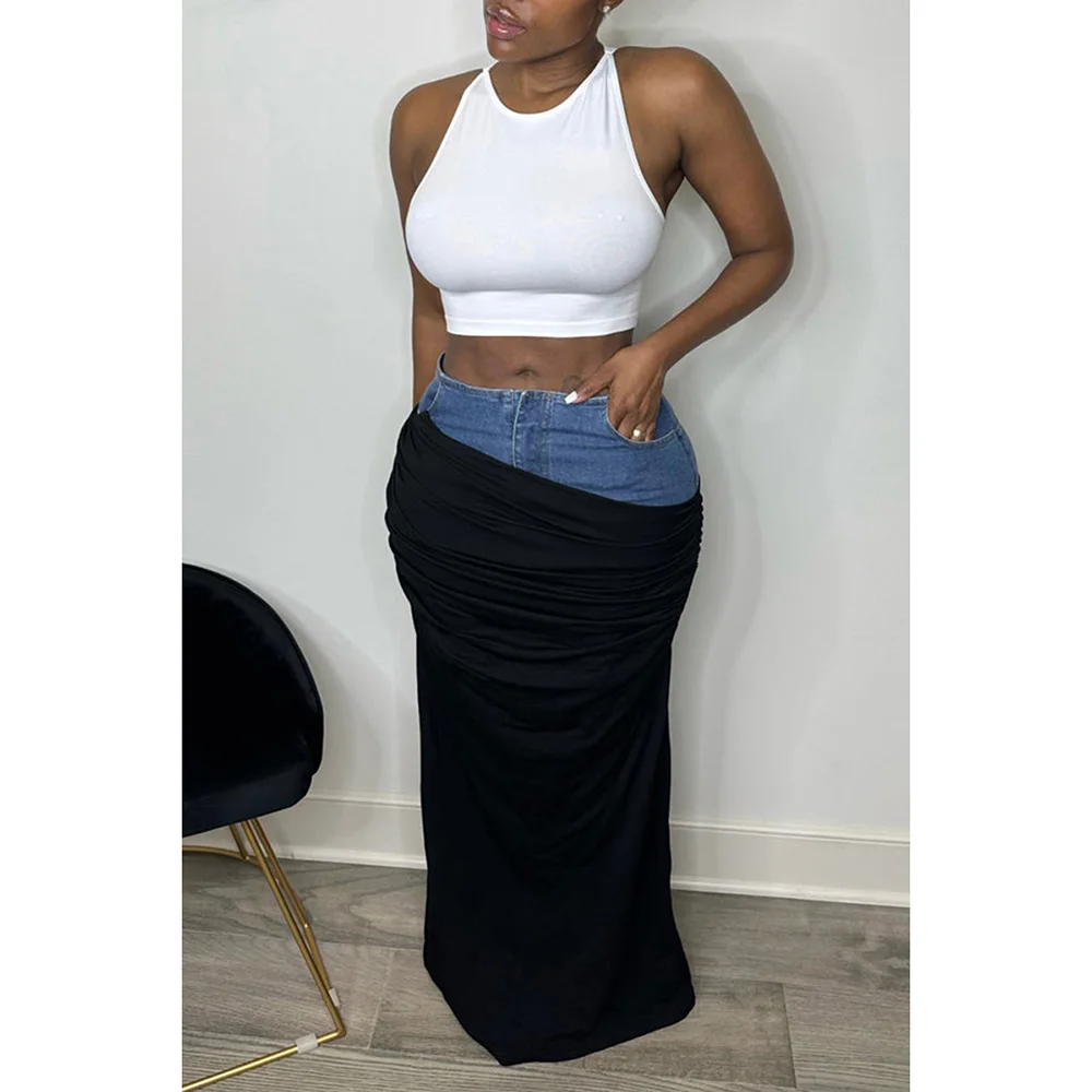 Plus Size Black Daily Denim Stitching Fold Skirt