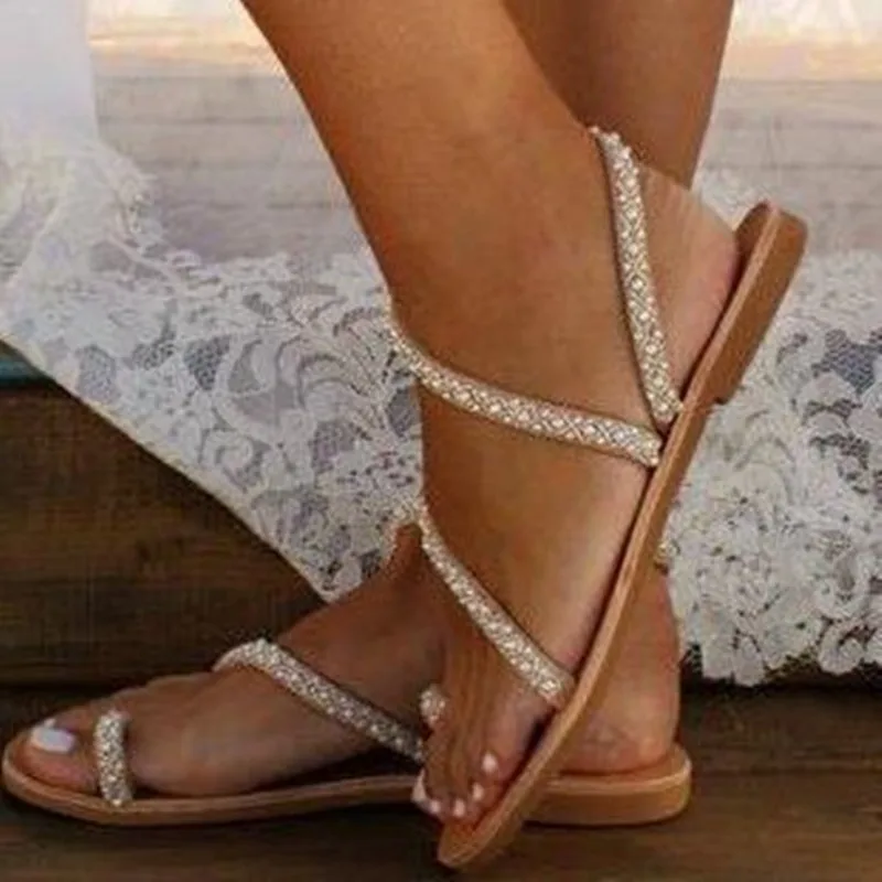 Summer Flat Sandals Sweet Boho Pearl Decoration Sandals Leather Flats Women Beach Sand Holiday Shoes