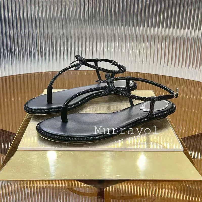 

Sandals Women's Rhinestone Flower Decor Vacation Sandy Shoes Summer Pinch Toe Rhinestone Bordered One Strap Flat Sandalias