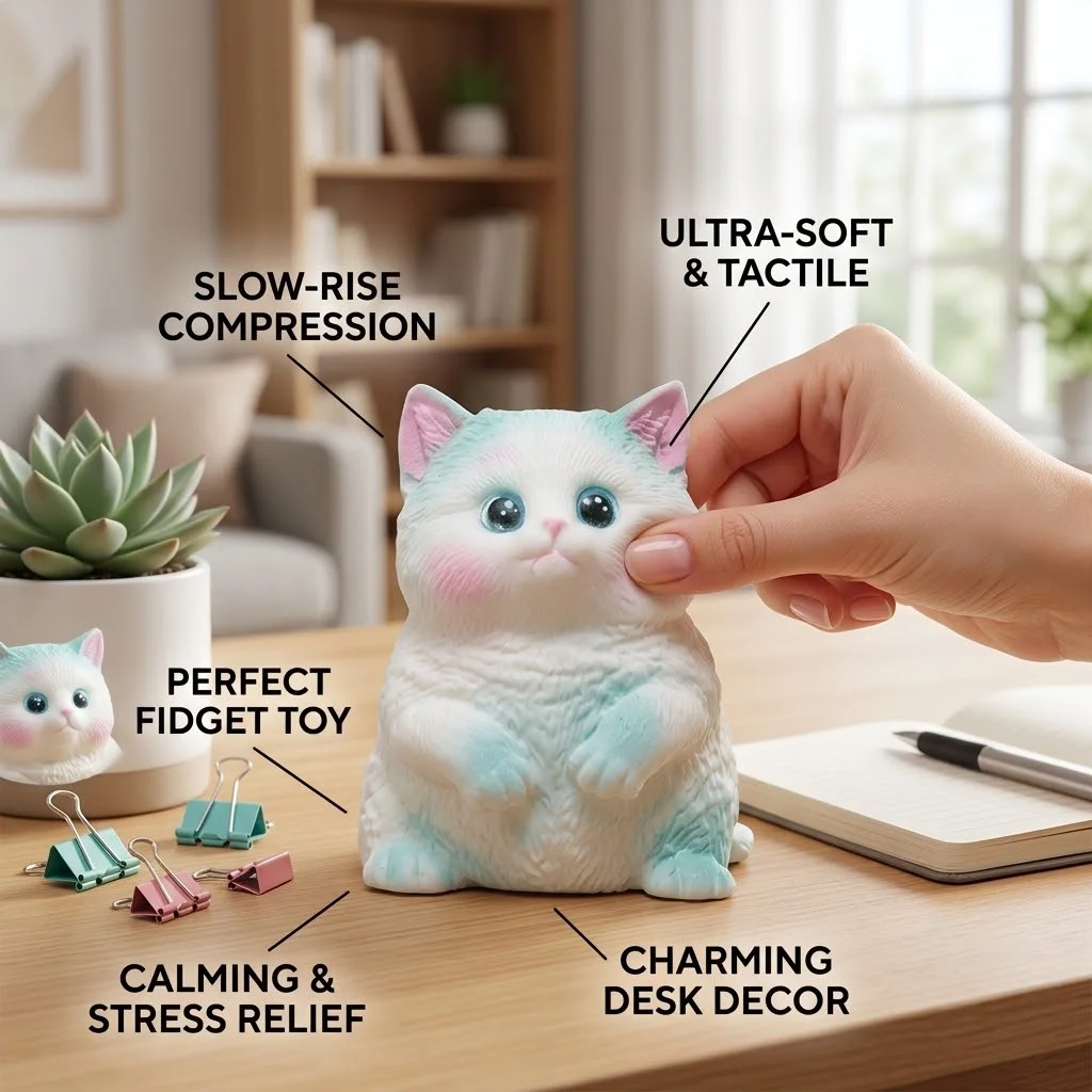 Chubby Cat Squishy, Kawaii Kitty Squeeze Fidget Toy, Soft Sensory Squish, Stress Relief Toy, Cute Desk Companion