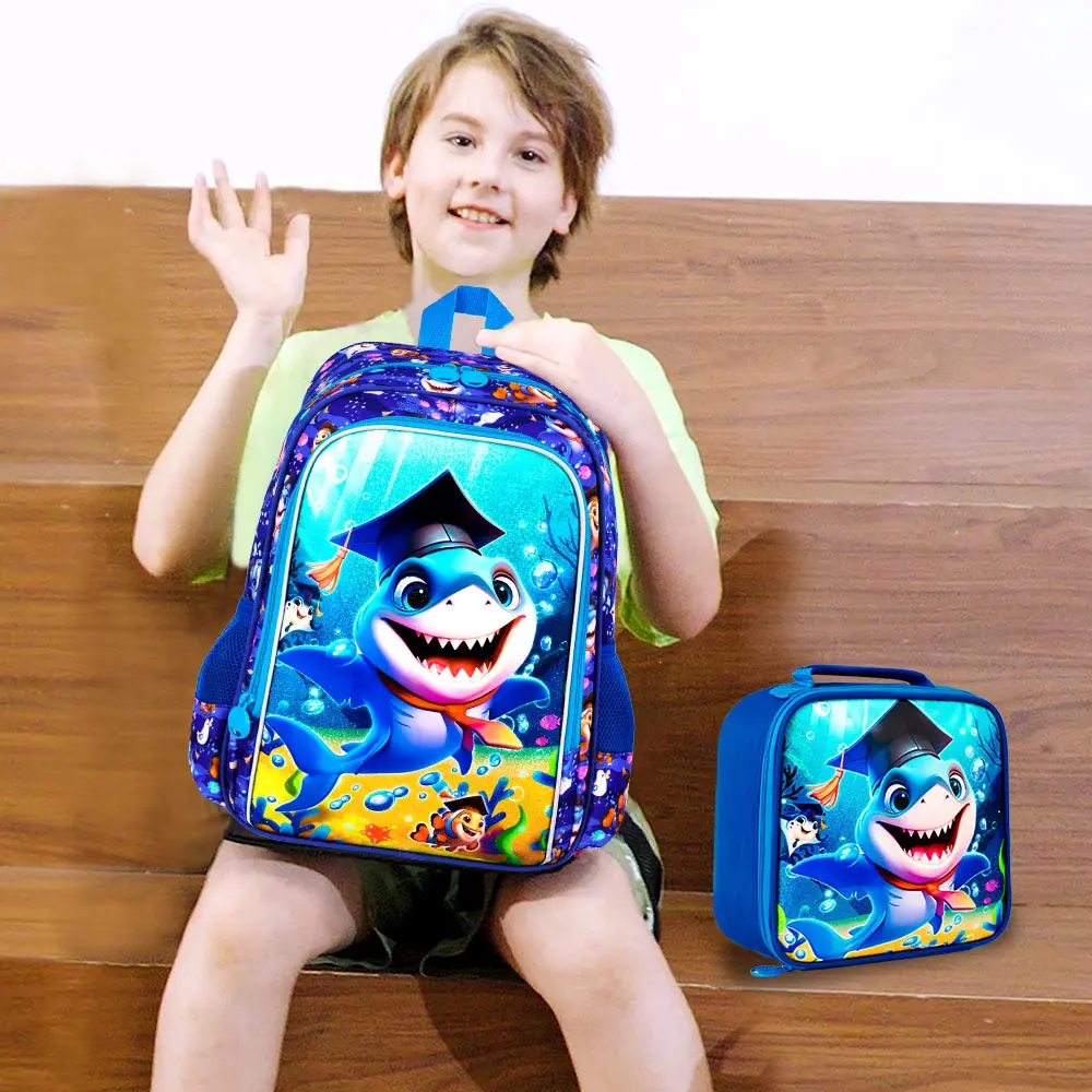 3 قطع حقائب ظهر للأولاد حقيبة كتب عاكسة لطيفة على شكل قرش للأطفال الابتدائية، مجموعة حقيبة ظهر للأطفال مع صندوق غداء