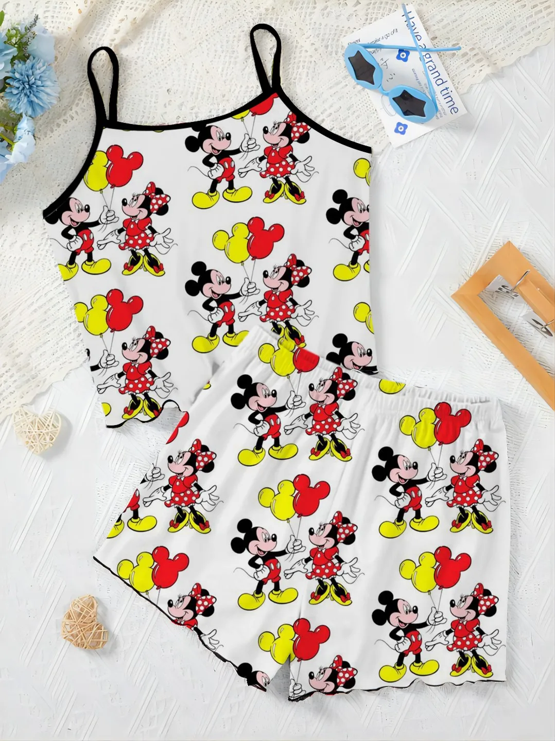 Top Lettuce Trim Minnie Mouse Short Sets for Women 2 Pieces T-shirt Women's Suit Pajama Skirt Slip Dress Disney Mickey Elegant