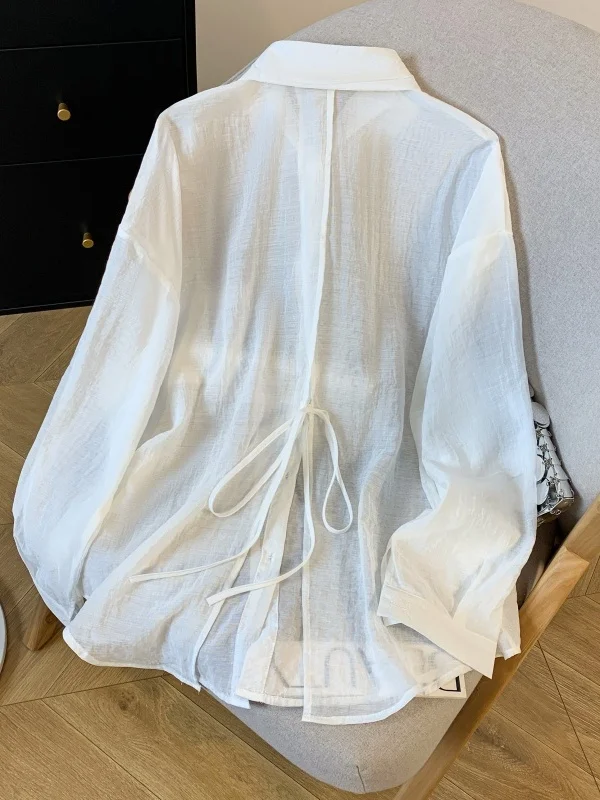 日焼け止めアイスシルク女性のシャツ夏軽量長袖ポロ襟カジュアルアウター半透明ファッション通勤