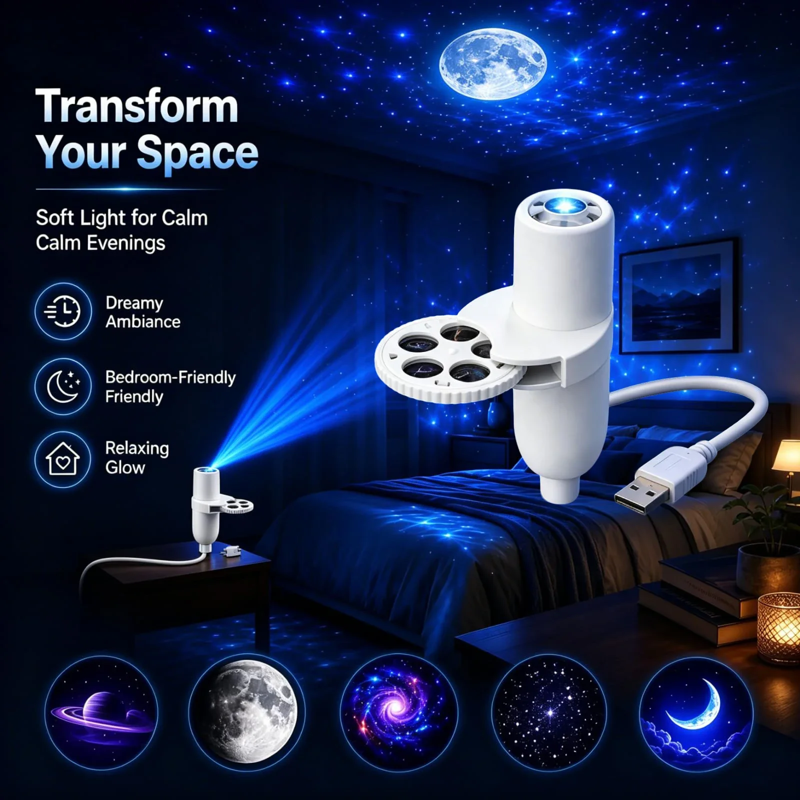 2-in-1 USB-Ambientelicht Sternenhimmel-Projektion Atmosphäre Mehrere Szenen Einstellbare Fokusdistanz Nachtbeleuchtungsfunktion – Detail 3