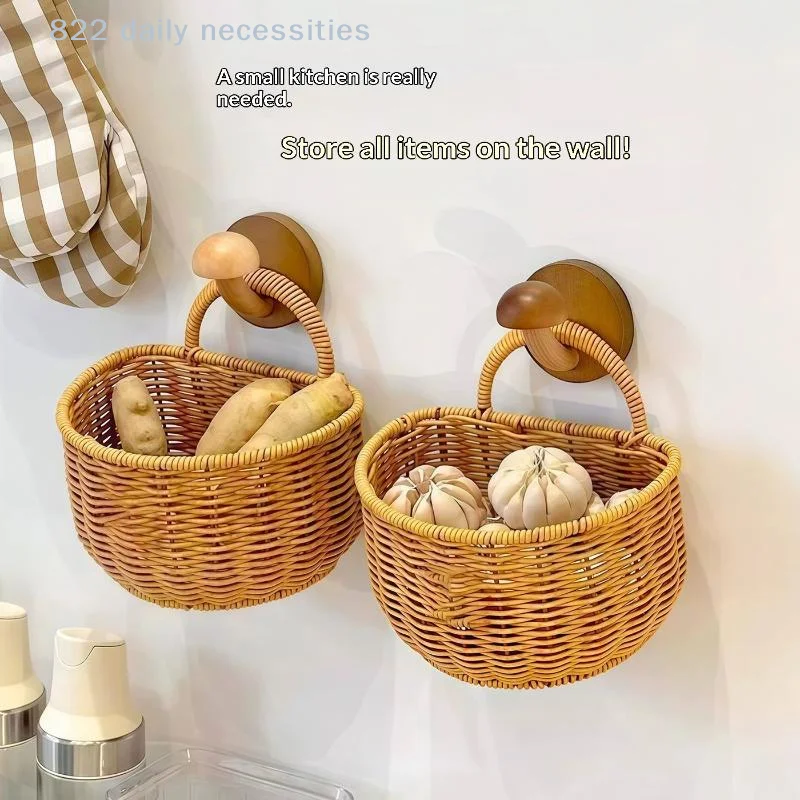 1PC Wall Hanging Basket Boho Style Hand-Woven Hanging Storage Baskets Kitchen Ginger Garlic Scallion Egg Fruit Storage Box