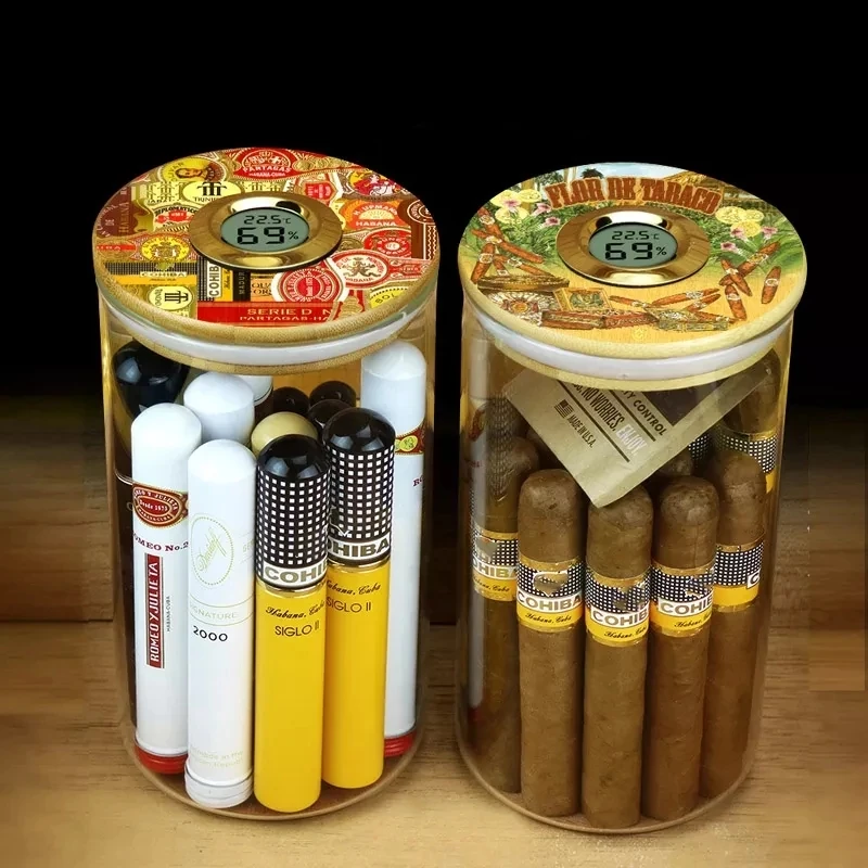 Glass Cigar Humidor Jar W/ Hygrometer&Humidifier Travel Cigar Box Tube Fit 12-15pcs Cigar Smoking Accessories Cigar Case