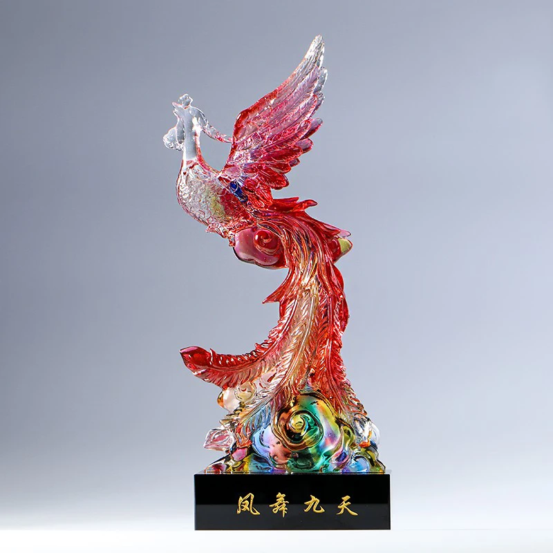 Colored Glaze Phoenix Figurine Crystal Colorful God Fire Bird Dance Fly High Wonder Statue Sculpture Ornament Home Office Decor