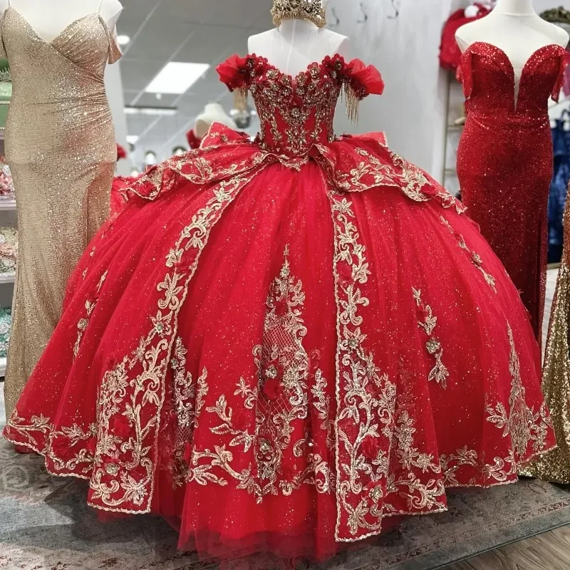 Red Shiny Quinceanera Dresses Gold Lace Applique Beading Customized Sweet 16 Vestidos De 15 Anos Birthday Party Dress