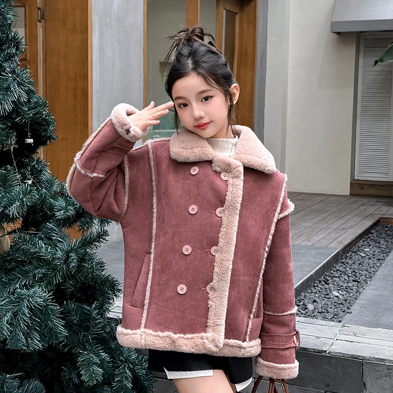 

Baby Princess Leather Jacket Solid Full Sleeve Double Breasted Top Children Fashion Girls Coat Kids Lotus Outwear Buttons TR356