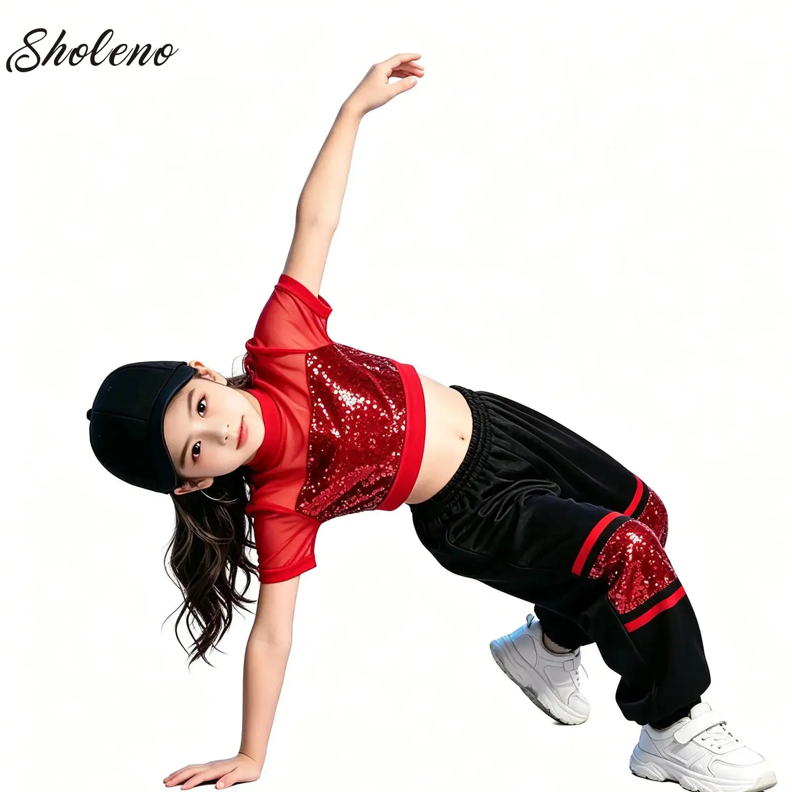 

Kid Boys Girls Dance Outfit Short Sleeve Mesh Sparkling Sequin Crop Top with Pants Hip Hop Dance Party Stage Performance Clothes