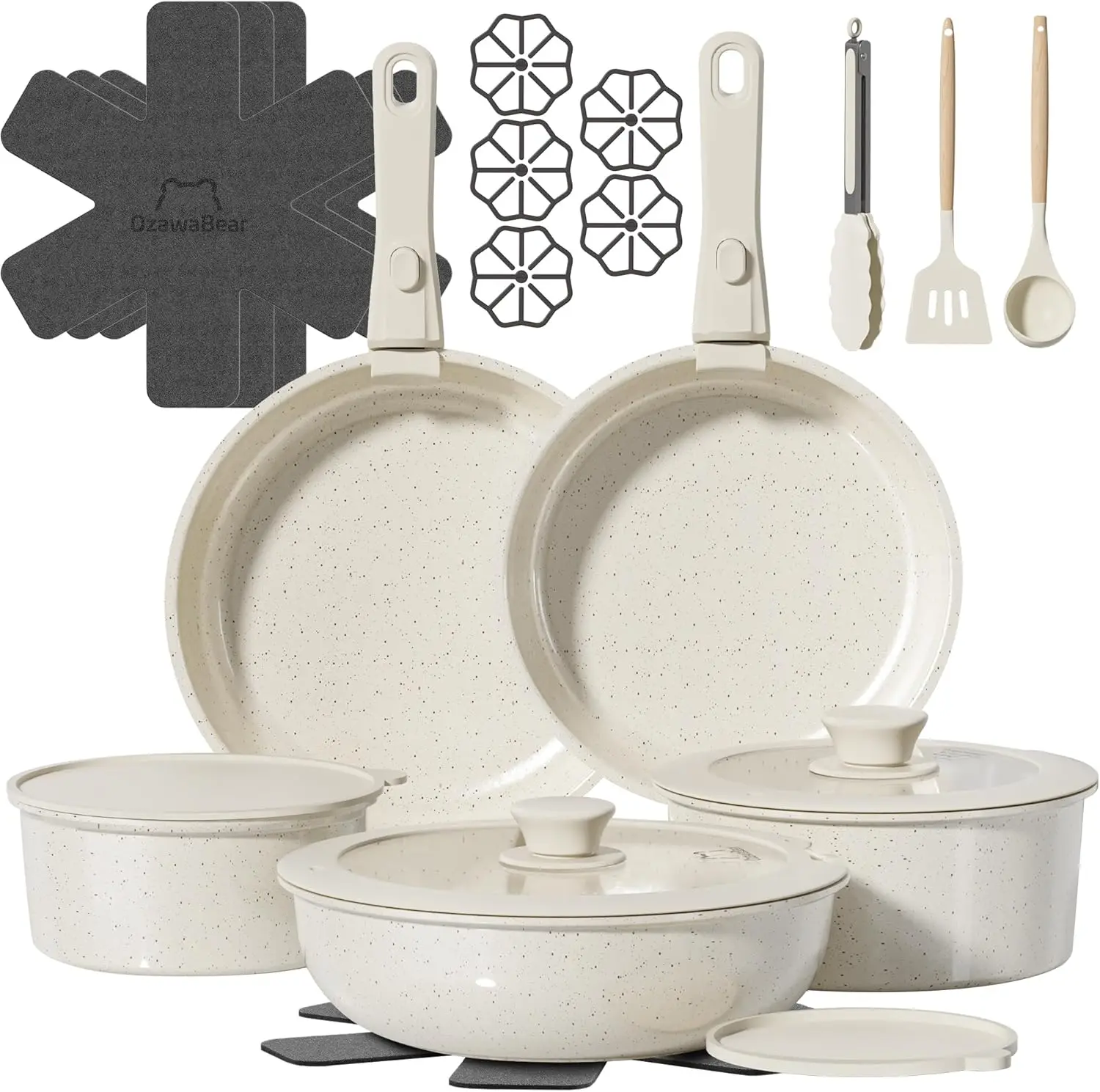 

23-Piece Non-Toxic Ceramic Cookware Set with Detachable Handles, Oven & Induction Safe, Cream White