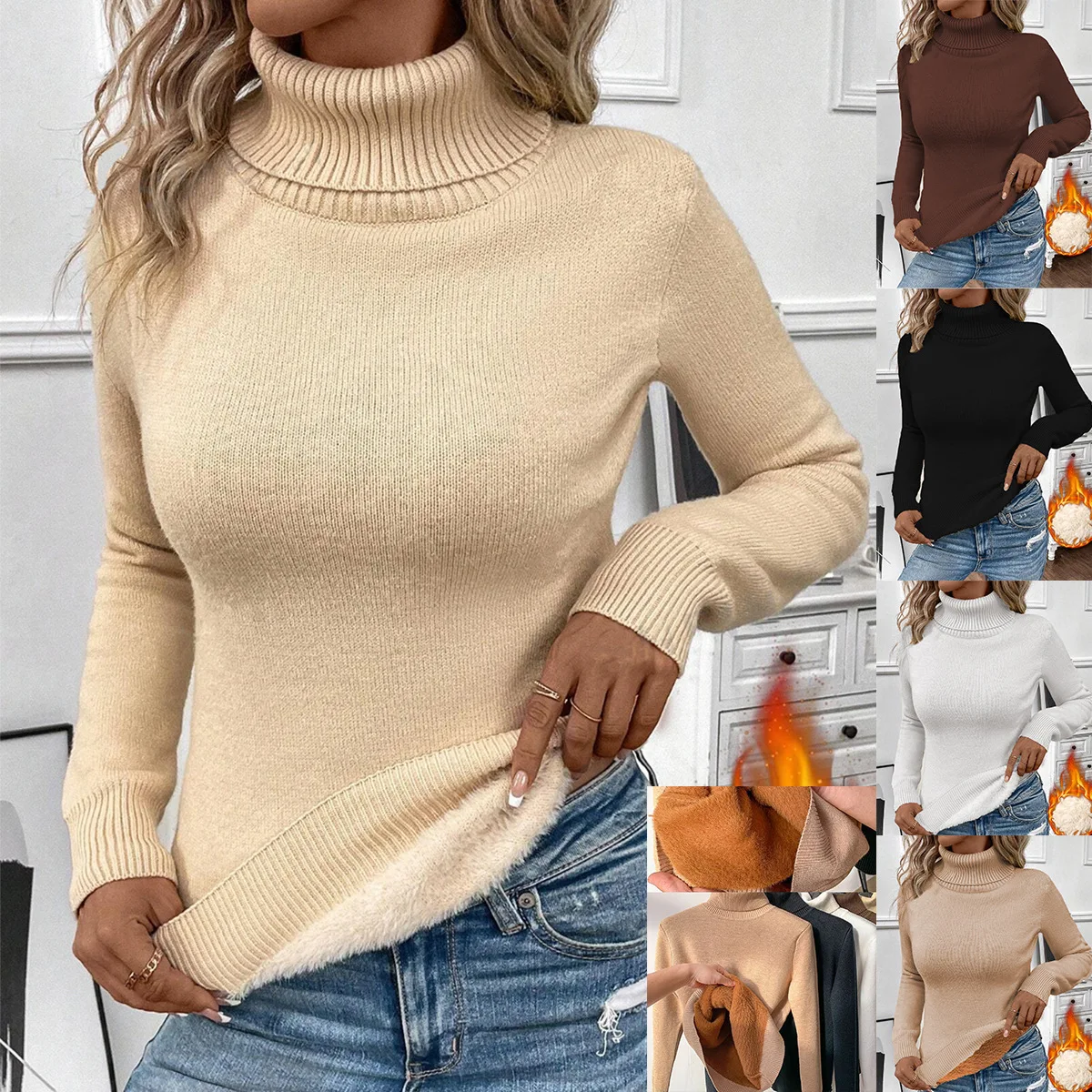 

2025 Spring/Summer Women's Sweater Solid Color Inner Warm Hoodie, Stylish One Piece Mink Knitted Base Sweater