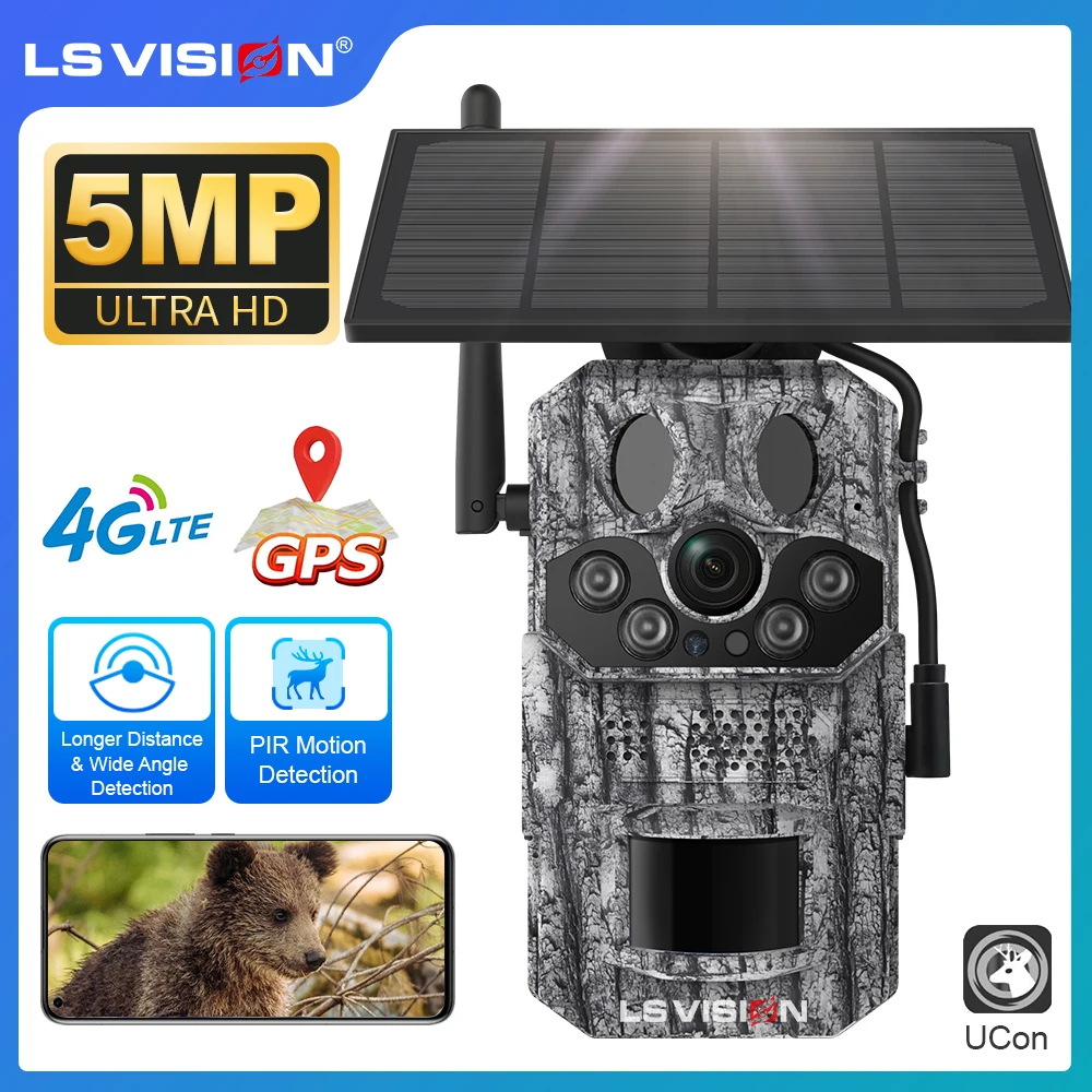 

LS VISION 5MP 4G Solar Hunting Trail Camera 20M PIR Motion Detection IR Night Vision 7800mAh Battery Waterproof Wildlife Camera