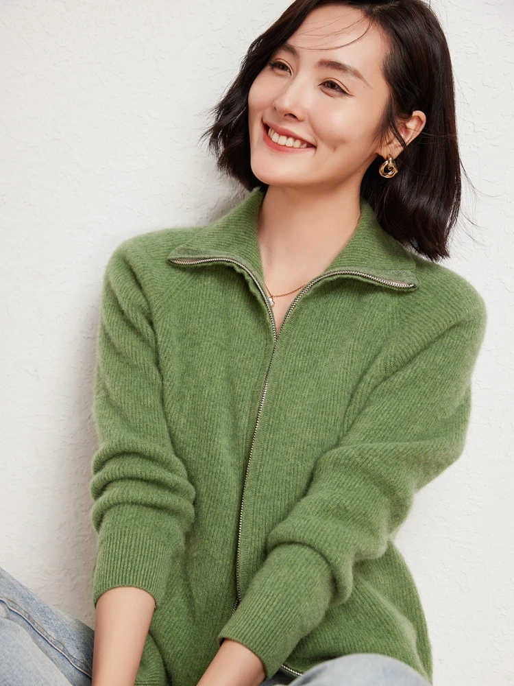 Addonee Autumn Winter Women Sweater Zipper Turn-down Collar Cardigan 100% Merino Wool Casual Cashmere Knitwear Korean Fashion