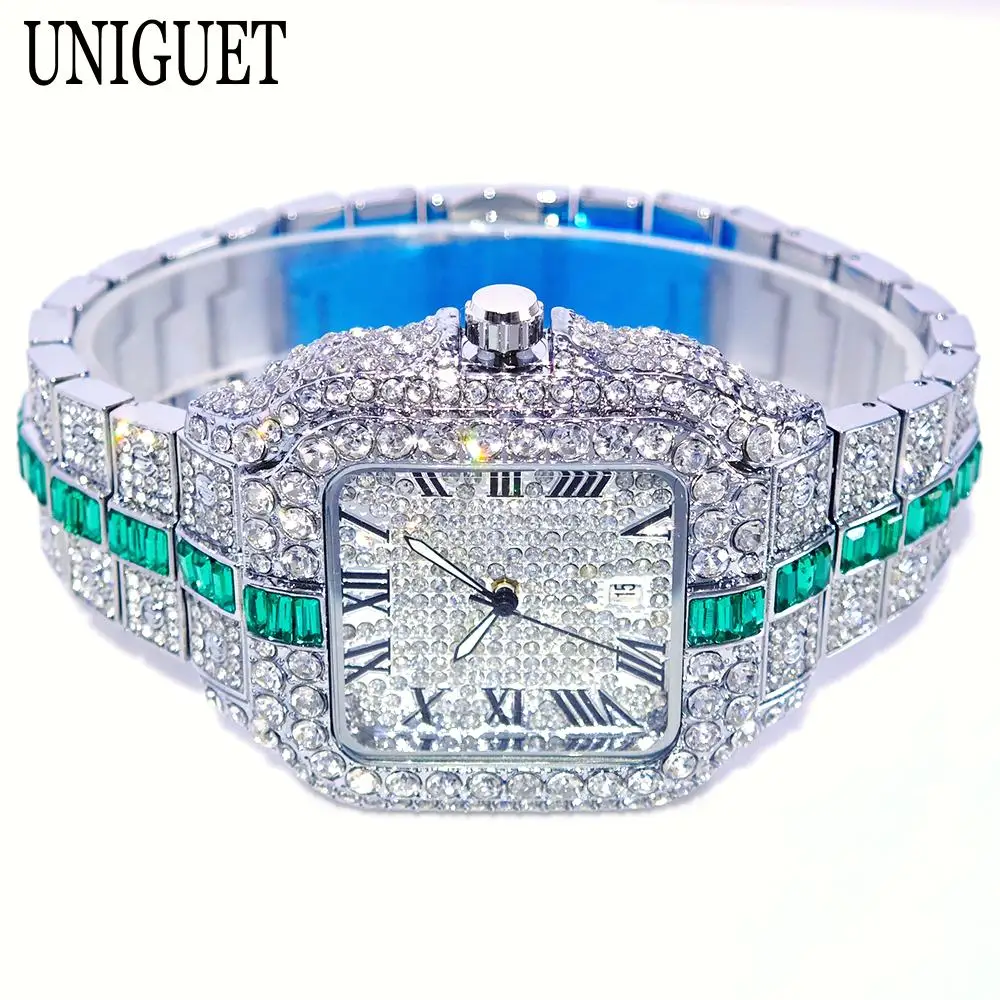 UNIGUET Green Diamond Watch for Men Hip Hop Iced Out Bling Jewelry Wristwatch Man Fashion Waterproof Square Quartz Clocks 2025