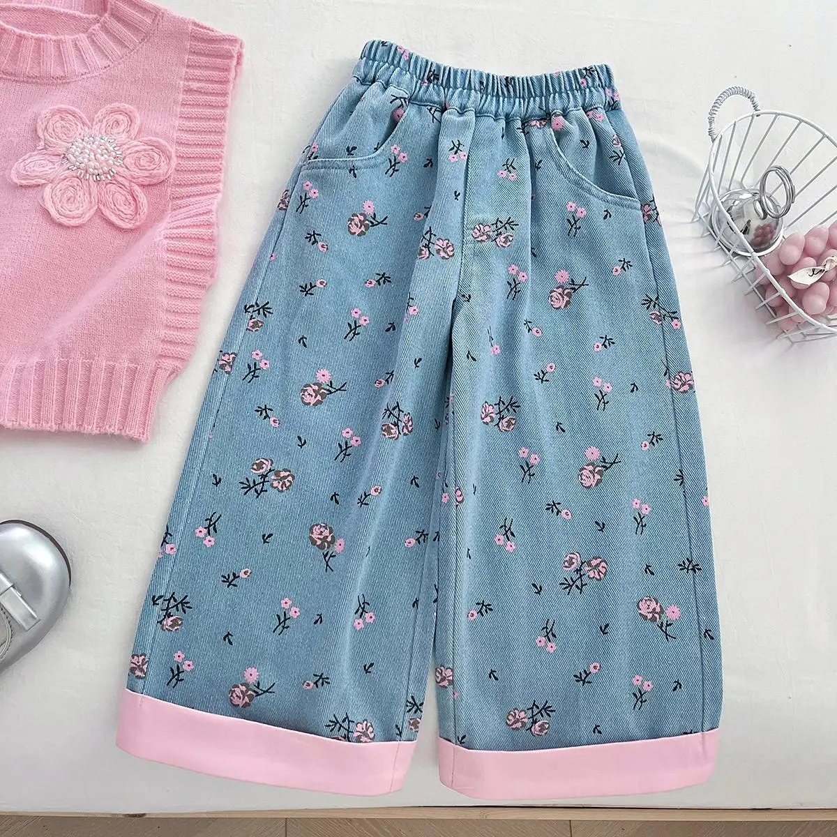 مجموعة الخريف للأطفال النسخة الكورية الجديدة من الفتيات الوردي الزهور البلوز قميص الدنيم السراويل المألوف 3 قطعة مجموعة #6