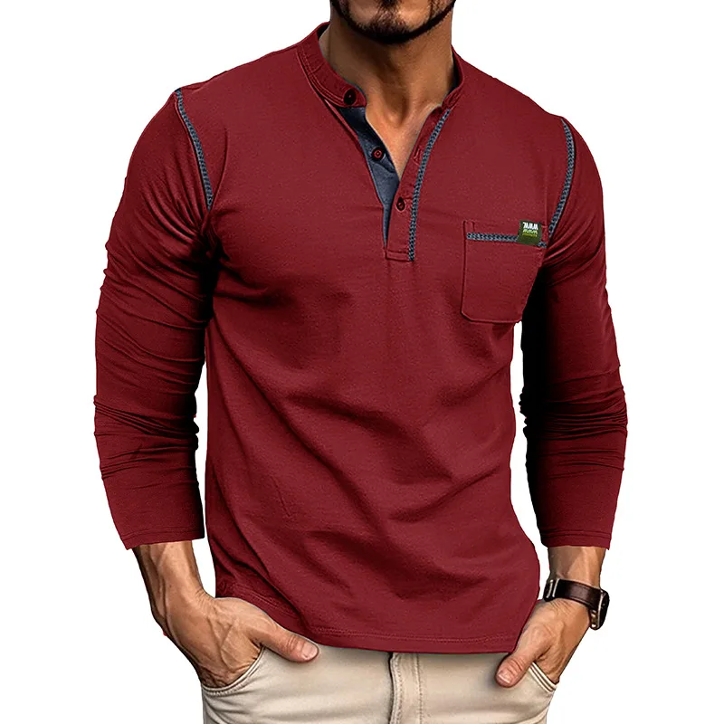 Men Long Sleeve T-Shirts 2024 Spring Autumn Button Henley Collar Pullovers Fashion Pocket Tops Soft Cotton Male Casuasl Tees