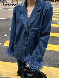 TWOTWINSTYLE Solid Patchwork Feathers Denim Coat For Women Lapel Long Sleeve Spliced Single Breasted Chic Coats Female Fashion