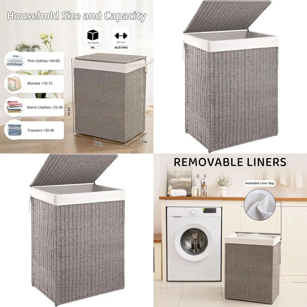 

Серая плетеная корзина для белья с крышкой и съемным вкладышем, объем 90 л, идеально подходит для спальни или прачечной