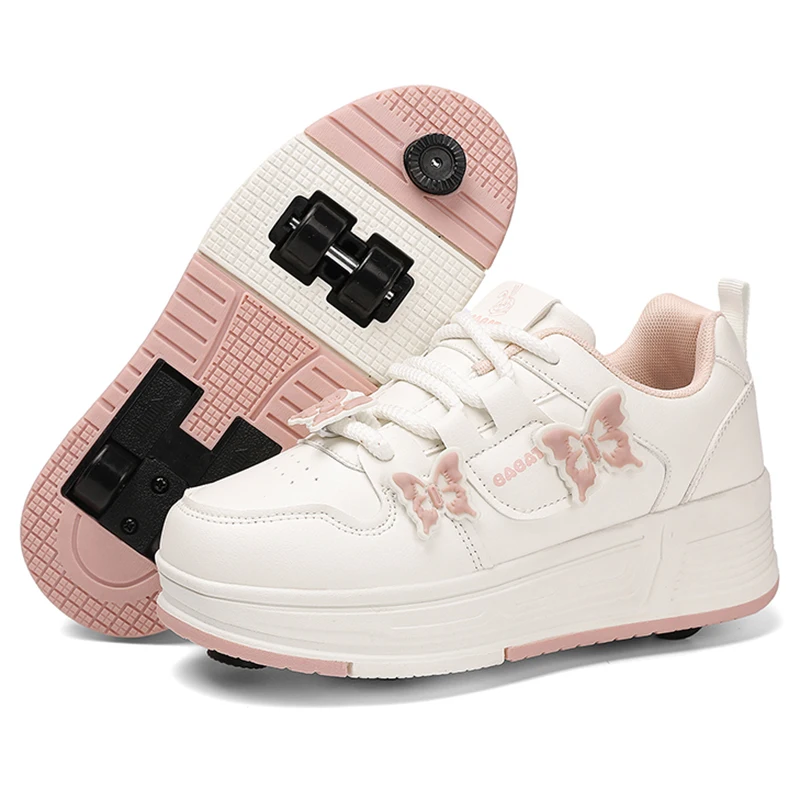 

Детские роликовые коньки с четырьмя колесами, регулируемым тормозом и узорами в виде бабочек, кроссовки для активного отдыха на улице