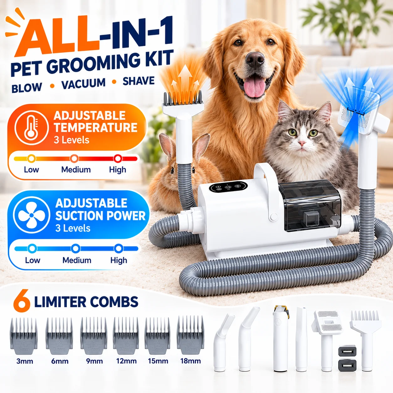 Kit de aseo para mascotas: aspiradora para pelo de gato/perro con depósito de 2,2 litros, secador de pelo para mascotas con velocidad y temperatura ajustables, limpiador de pelo para mascotas de bajo nivel de ruido.