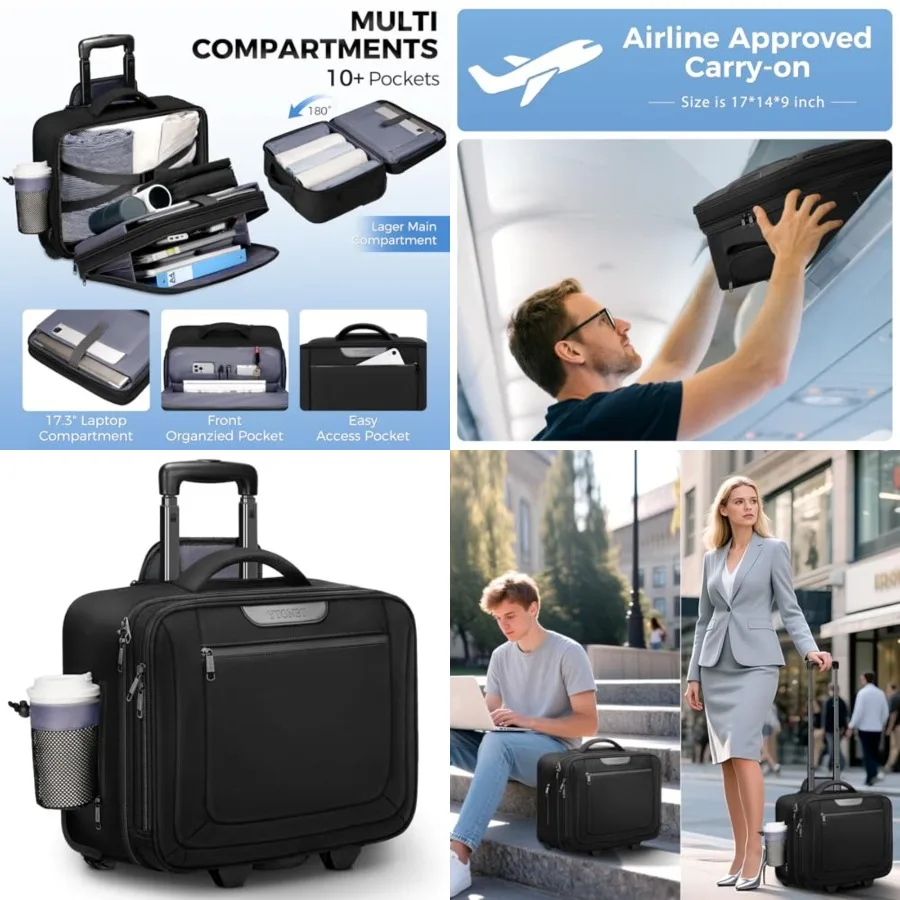 

Rolling Laptop Bag, Rolling Briefcase for Men Women with Cup Holder, 17.3'' Carry On Water Resistant Laptop Bag with Wheels, Ov