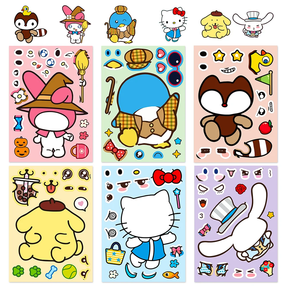 6/12sheets Cute Sanrio Hello Kitty Pompompur Puzzle Anime Stickers Make-a-Face Assemble Funny Cartoon Decal Jigsaw Children Gift