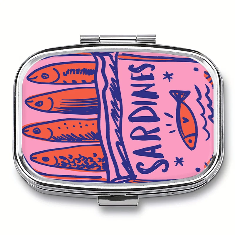Estuche Metálico para Pastillas con Estampado de Sardinas, Mini Organizador de Pastillas Portátil de 2 Compartimentos, Pequeña Caja de Medicamentos de Viaje para Bolsillo y Bolso