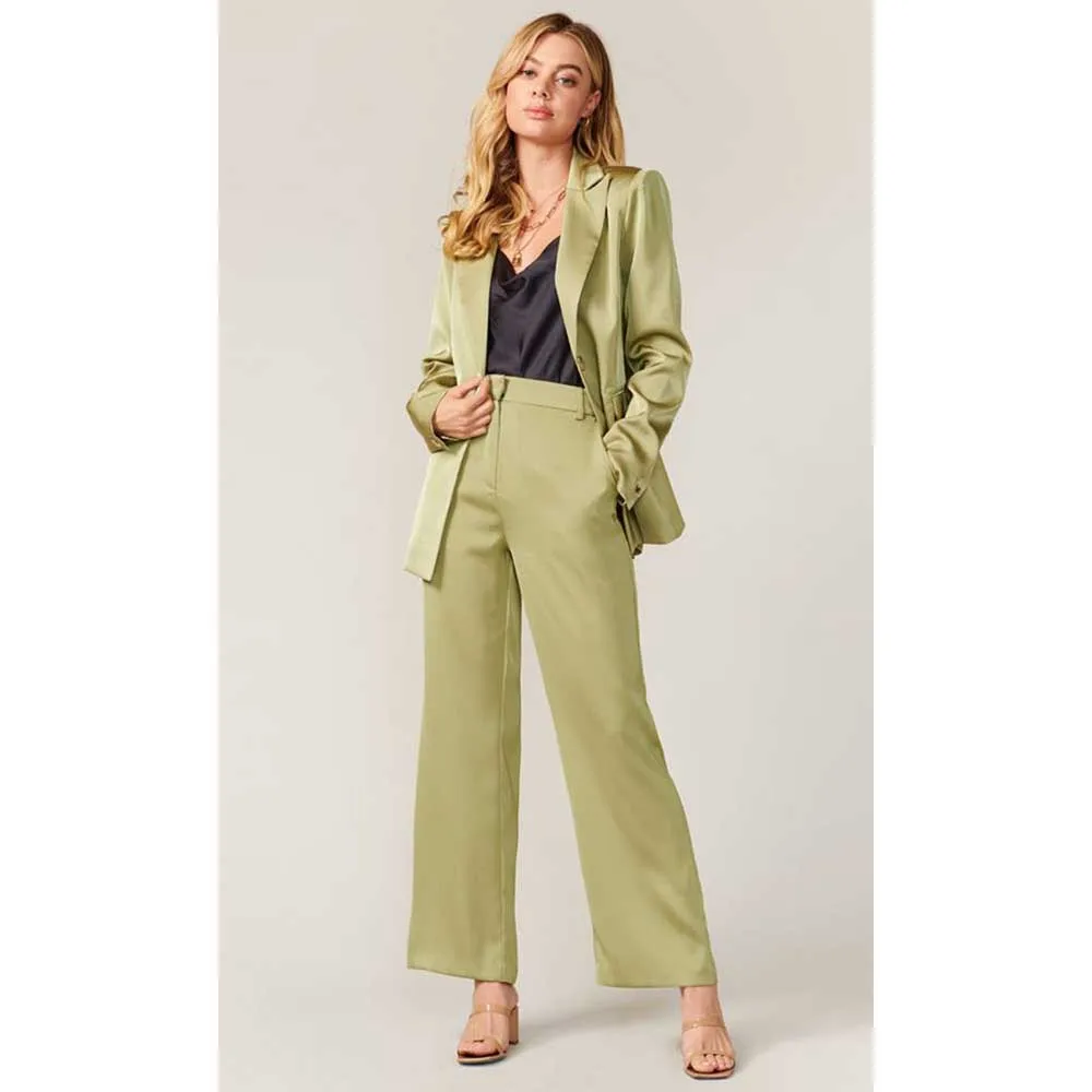 Pretty Green Satin Women's Suits Notch Lapel Single Breasted 2 Piece Jacket Pants Female Clothing Office Lady Blazers Sets