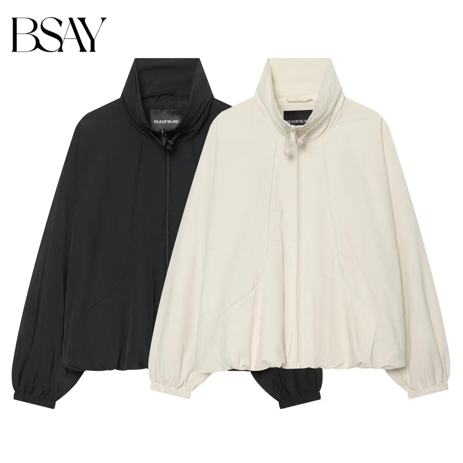 BSAY 2026 Herbst Neue Koreanische Lässige Damenjacke mit Stehkragen, Kordelzug, Reißverschluss und Elastischen Manschetten für den Alltag