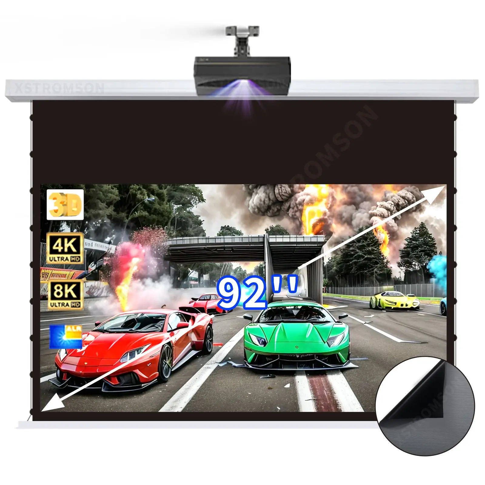 

92 '' inch Motorized Projection Screen 8K HD UST ALR Motorized Tab-Tensioned Screen with Remote Control for UST Projector Screen