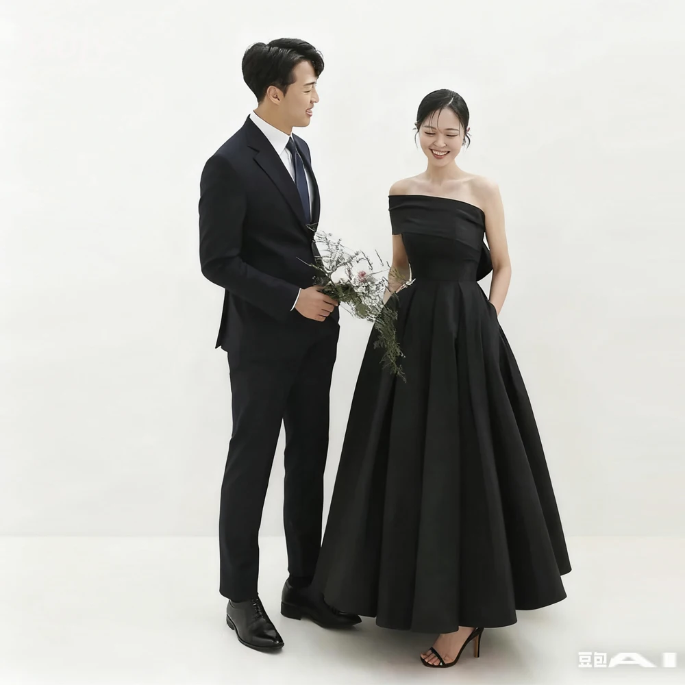 

Mojy Simple Black Taffeta One-Shoulder Party Dresses Korea Wedding Photo shoot Bolero 웨딩드레스 Formal Occasion Gowns Customize