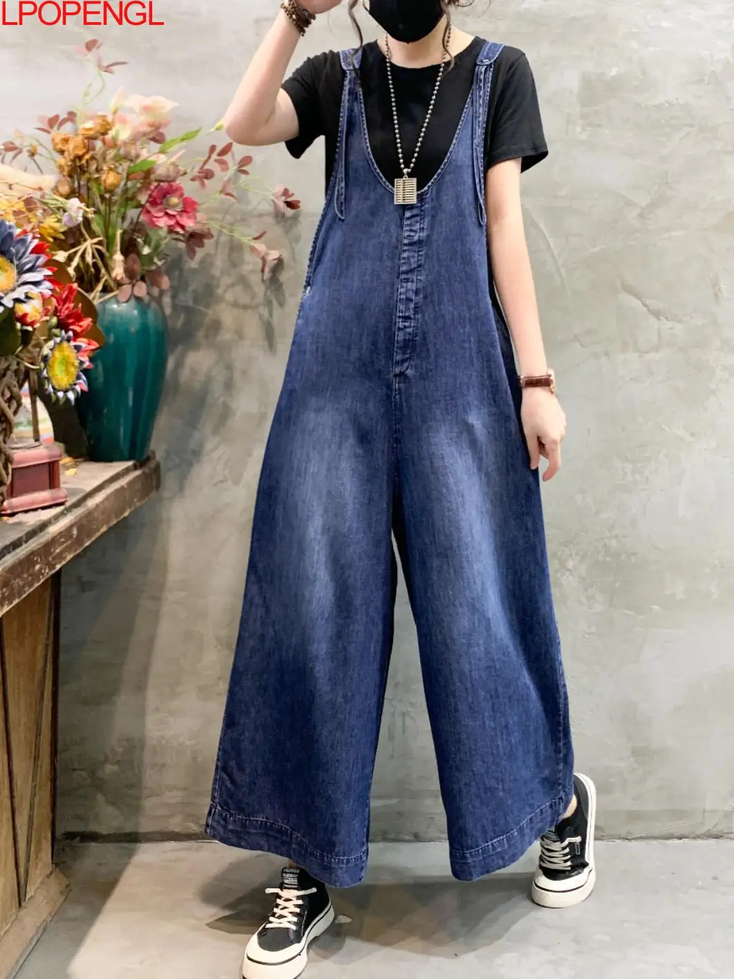 New Vintage Solid Color Personalized Denim Overalls Women\'s Fashion High Waisted Streetwear Straight Jumpsuit One Piece Pants